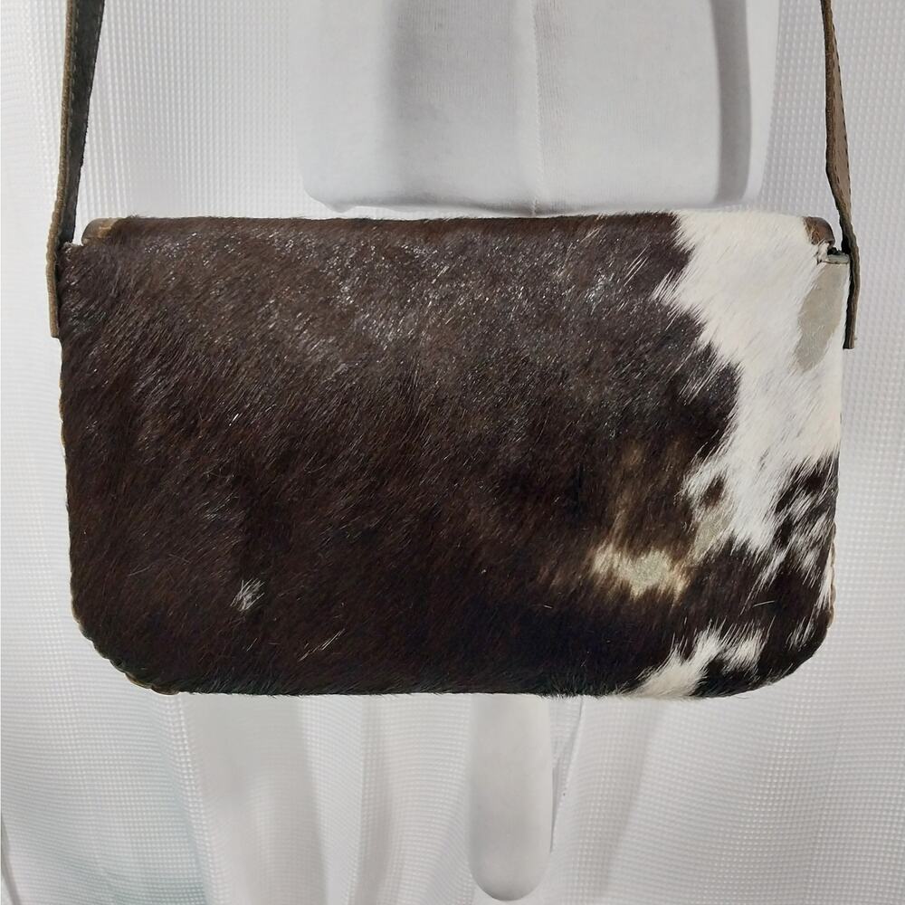 RICH BROWN AND WHITE GENUINE COWHIDE LEATHER CROSSBODY PURSE, BAG, HANDBAG! - Picture 5 of 10